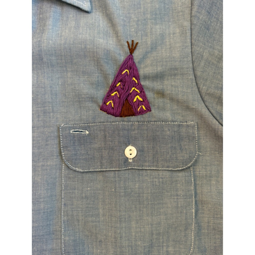 Vintage Chambray 70's American Apparel RN 45055 Work Shirt Hand Embroidered SZ S - Picture 10 of 13
